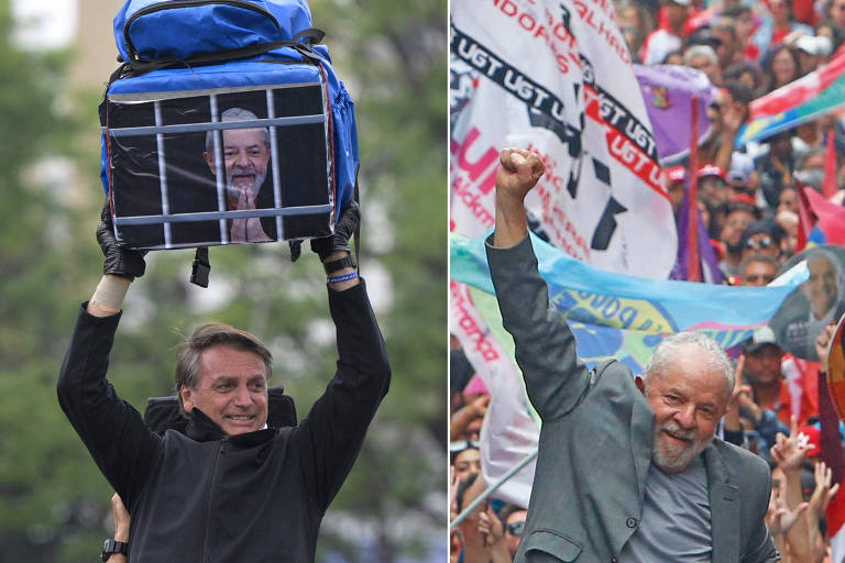 Na véspera da eleição, Bolsonaro carrega uma bolsa com a imagem de Lula preso, e o ex-presidente participa de ato, ambos em SP