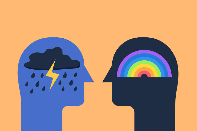 silhueta de duas cabeças humanas com psicoterapia de saúde mental cerebral, conceito bipolar, terapeuta e paciente, ilustração plana em vetor