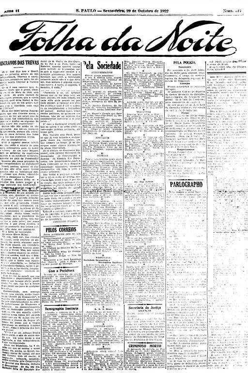 Primeira Página da Folha da Noite de 20 de outubro de 1922