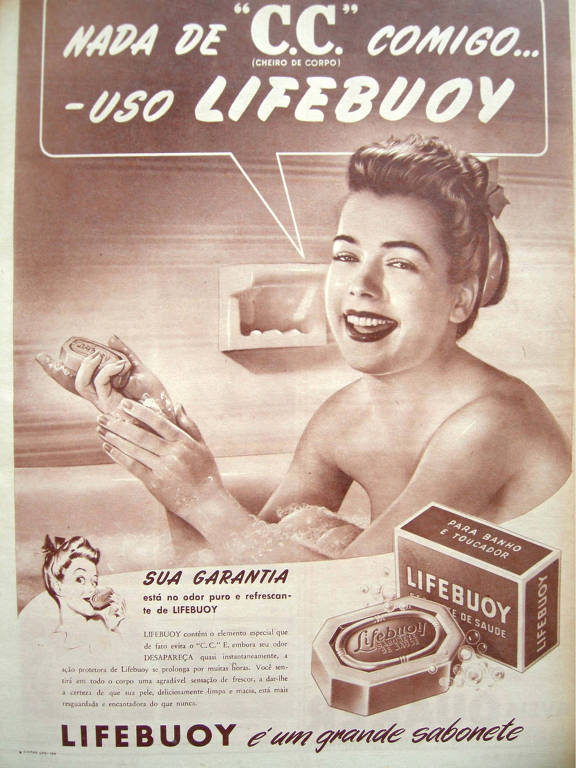 anúncio em preto e branco que diz "Nada de C.C. comigo... Uso Lifebuoy"