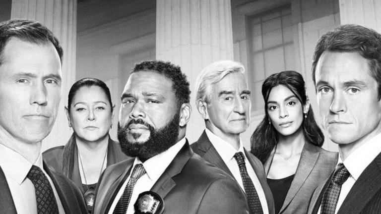 Foto em preto e branco do elenco de "Law and Order".