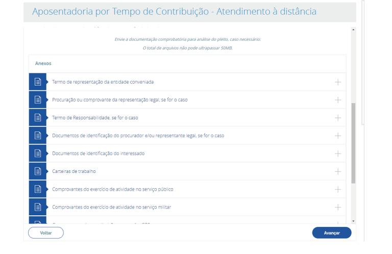 Nesta tela, coloque toda a documentação necessária para a análise do seu pedido. É muito importante que cada documento seja colocado em seu campo específico