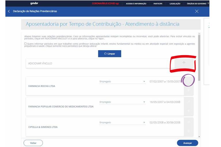 Esta tela mostra todos os seus vínculos de trabalho cadastrados no sistema do INSS. Por isso, você precisa conferir se todos os períodos trabalhados, inclusive os de atividade rural ou de serviço público, e as datas de início e fim de cada vínculo. Se for preciso, você pode editá-las, clicando no ícone de lápis