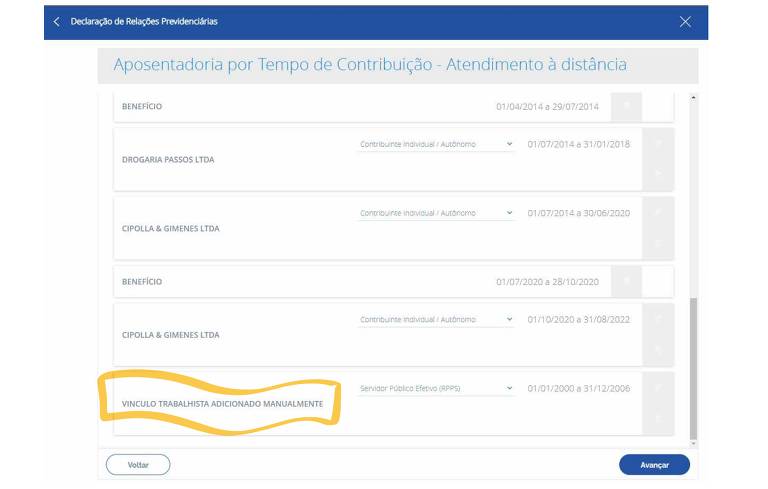 Os vínculos ou períodos adicionados vão aparecer no final da tela. Confira se os dados estão corretos