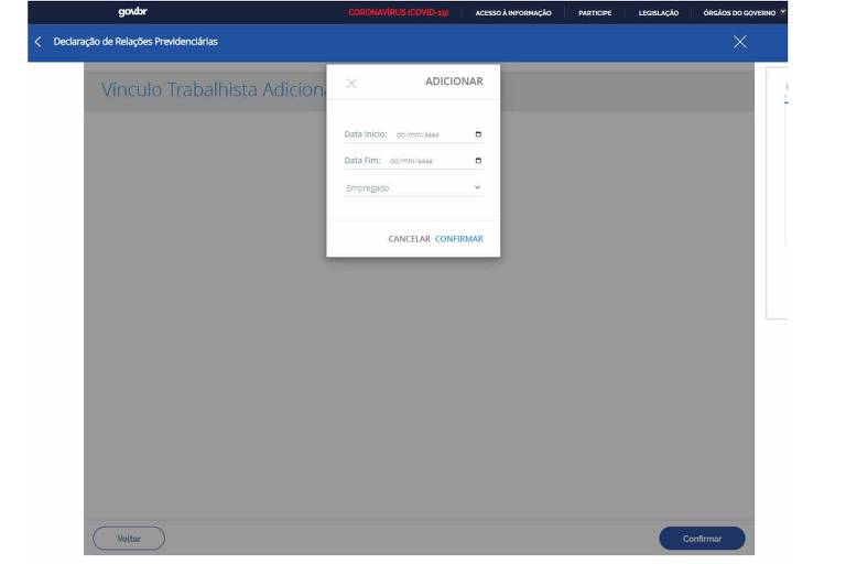 Ao clicar no sinal de +, será apresentada esta tela, para que seja informado o período trabalhado e demais correções
