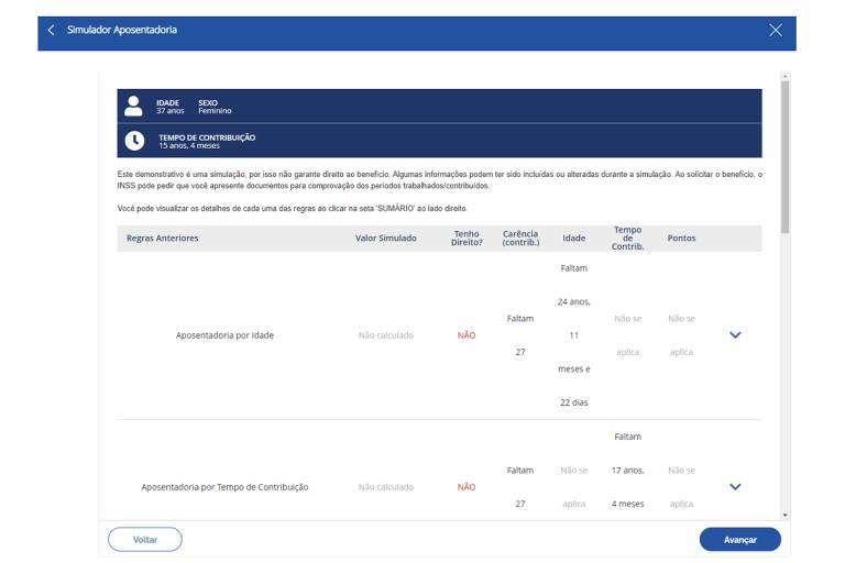 O sistema do INSS vai fazer uma simulação usando essas novas informações. Clique em "Avançar"