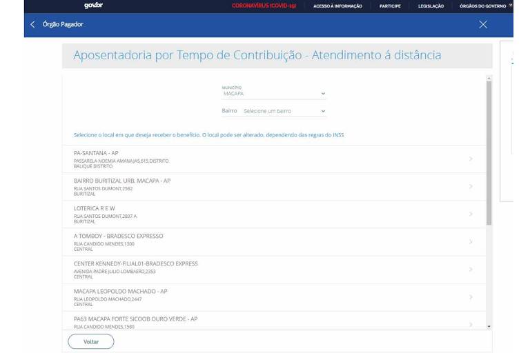 Aqui, selecione o órgão pagador (banco ou lotérica) para receber seu benefício, caso ele seja concedido