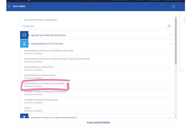  Nesta tela com as opções dos serviços, clique em "Aposentadorias e CTC e Pecúlio". Depois, em "Aposentadoria por Tempo de Contribuição"