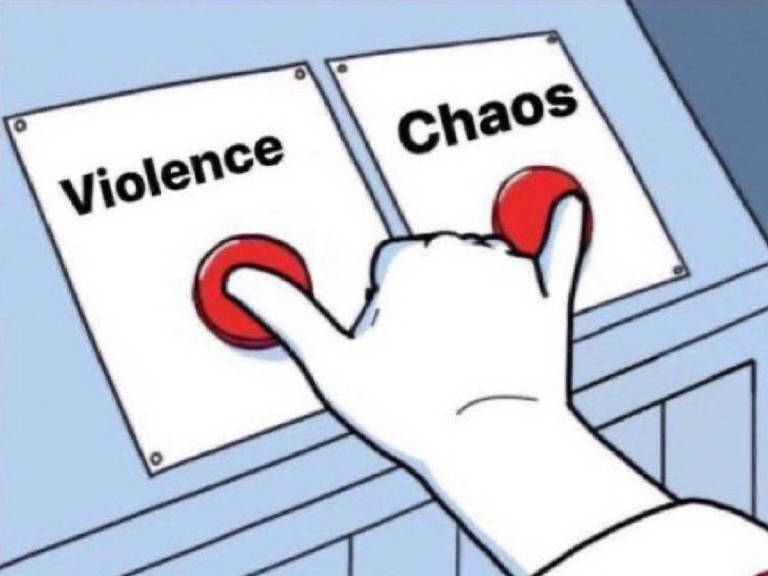 Ilustração mostrando uma mão apertando dois botões em uma mesa de controle. Em cima dos botões está escrito "violência" e "caos", em inglês.