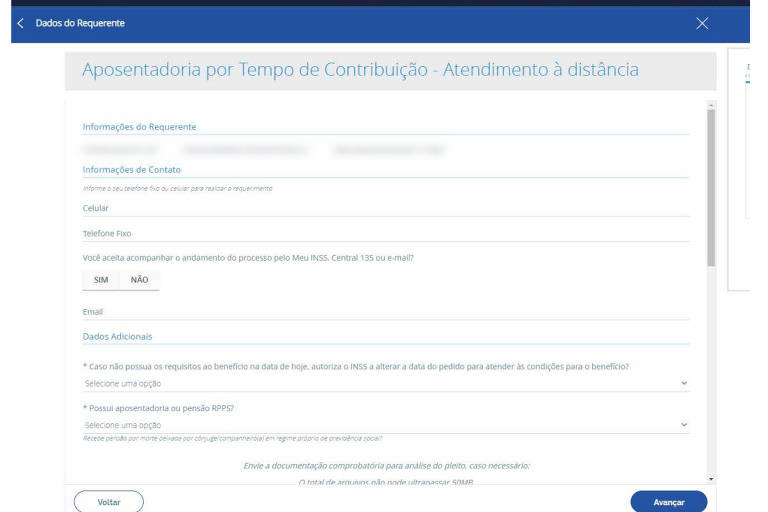 Aparece agora a chamada de "Dados do Requerente". Complete as informações que estiverem faltando. É aconselhável clicar em "Sim" para aceitar acompanhar o andamento do pedido pelo Meu INSS, telefone 135 ou e-mail. Responda também às duas perguntas desta tela