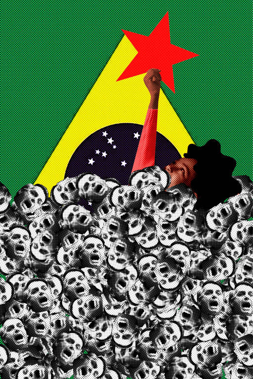 Colagem com a foto de uma pessoa negra com cabelos volumosos e pretos emergindo de um amontoado de cabeças de Jair Bolsonaro em preto e branco. A pessoa está com o braço levantado e está segurando uma estrela vermelha. O fundo é a bandeira do Brasil.
