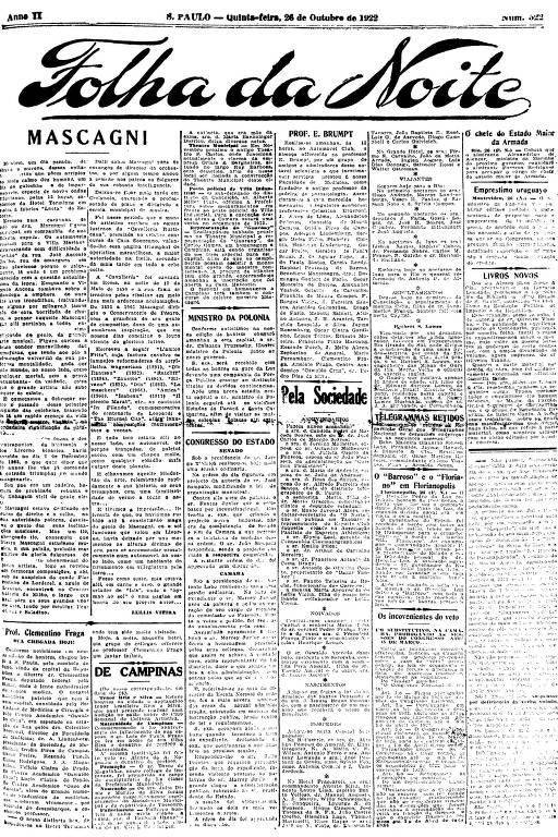 Primeira Página da Folha da Noite de 26 de outubro de 1922