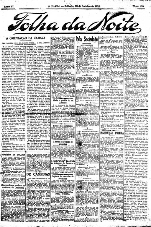 Primeira Página da Folha da Noite de 28 de outubro de 1922