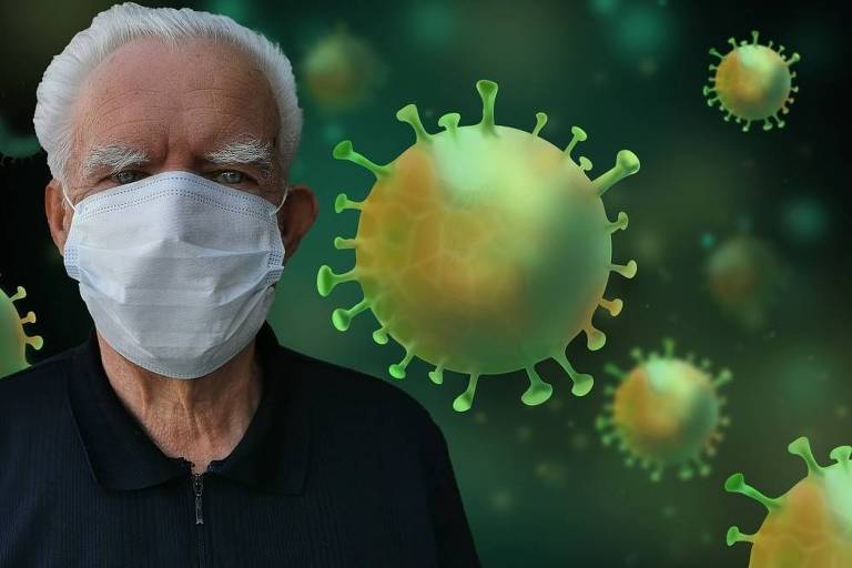 Montagem do rosto de um idoso com máscara de proteção facial e alguns coronavírus
