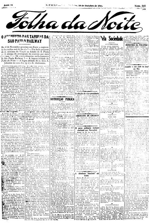 Primeira Página da Folha da Noite de 30 de outubro de 1922