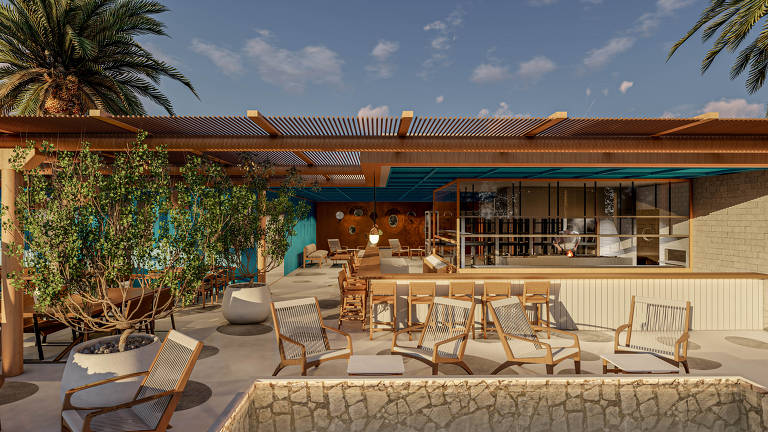 Projeção gráfica do novo restaurante grego Mii, no rooftop do Vila Anália, na zona leste de SP