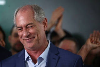 Brazilian presidential candidate Ciro Gomes reacts as he reads a manifesto about politics and his campaign in Sao Paulo