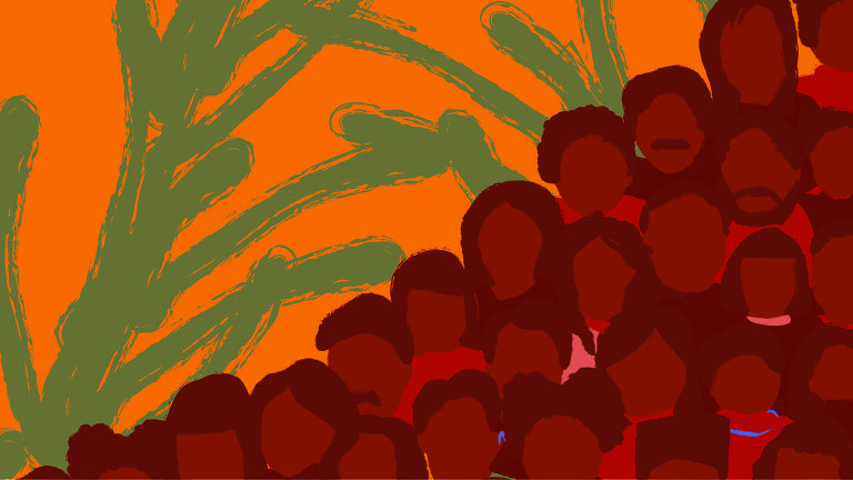 Na ilustração aparecem várias pessoas de etnias diferentes, elas estão intercaladas em uma fila que faz um formato de escada.
