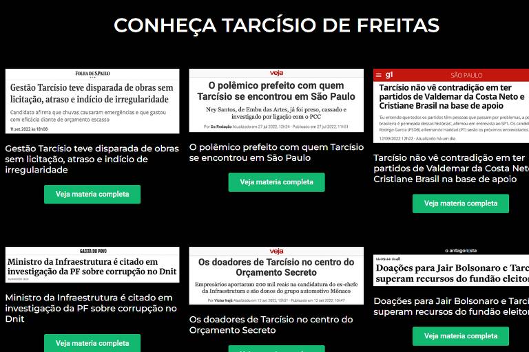 Página criada pela campanha de Rodrigo Garcia (PSDB) para criticar Tarcísio de Freitas (Republicanos)