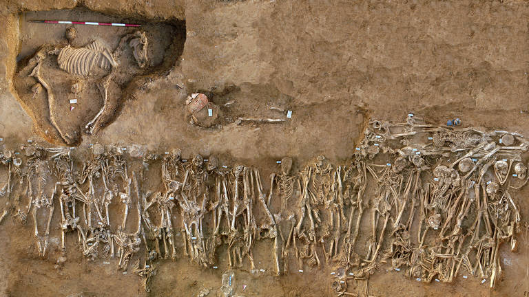 Imagem aérea de uma cova coletiva mostrando vários esqueletos humanos e um esqueleto de cavalo