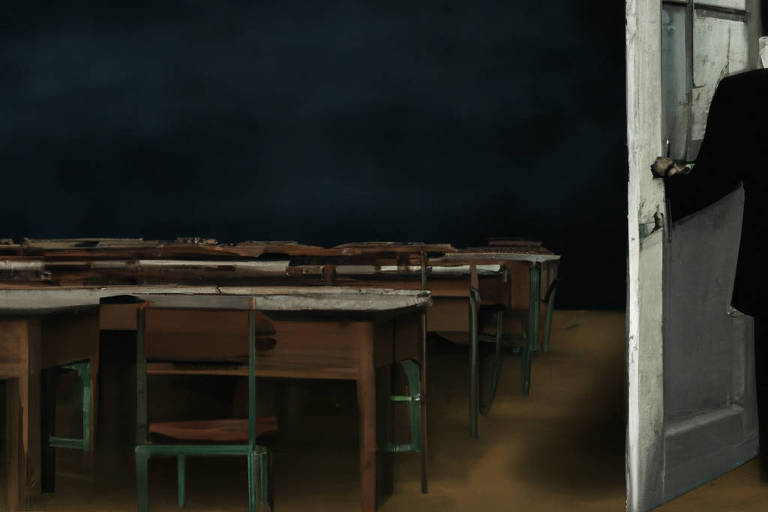 Sala de aula vazia com mesas de madeira e cadeiras de metal verde e apoios de madeira, ao fundo quadro negro sem nada escrito que cobre toda a parede, no canto uma pessoa vestida de preto se apoia contra uma porta branca semiaberta.