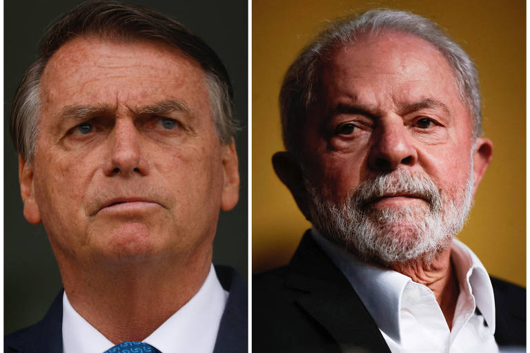 Fotos de rosto de Bolsonaro e Lula com semblantes sérios, ambos vestem terno