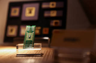 A chip is pictured at the Taiwan Semiconductor Research Institute (TSRI) at Hsinchu Science Park in Hsinchu