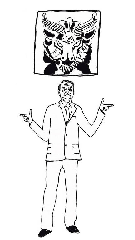 No desenho de Luiza Pannunzio, Bolsonaro vestindo terno e sapatos pretos está de pé e faz arminha com as duas mãos apontadas para as laterais - um símbolo de sua campanha. Acima de sua cabeça há a imagem de Baphomet - o que para muitos trata-se do diabo.