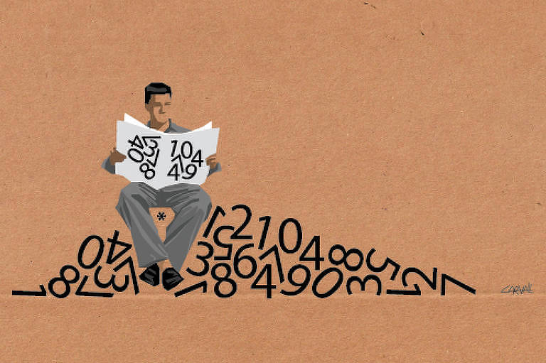 Ilustração de Carvall mostra homem lendo um jornal, sentado numa pilha de números