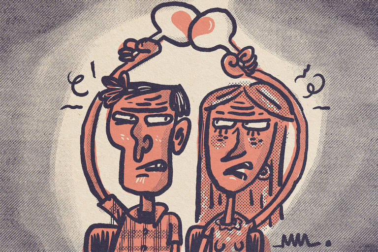 Na ilustração de Marcelo Martinez, um casal, olhando feio um para o outro, levanta plaquinhas como quem dá um lances em um leilão. Cada placa tem metade de um desenho de coração