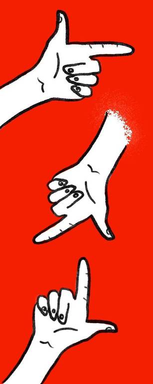 Ilustração de três mãos fazendo uma transição desde o sinal de "arminha" para o L de lula. desenho em preto e branco com fundo vermelho.
