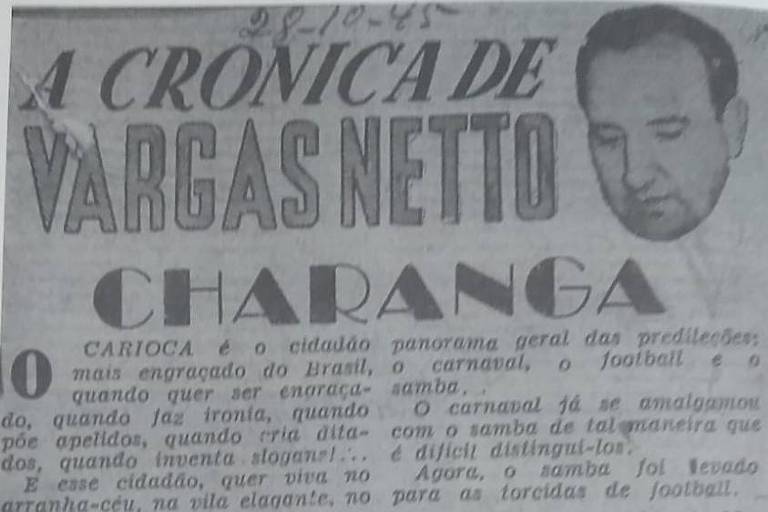 Artigo de Vargas Netto, de 1945, no Jornal dos Sports, sobre a Charanga do Flamengo