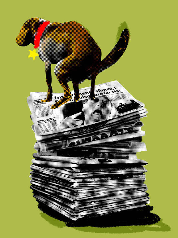 Na ilustração, um cachorro está sobre uma pilha de jornais e defeca. Na capa do primeiro jornal da pilha há uma foto de Jair Bolsonaro.