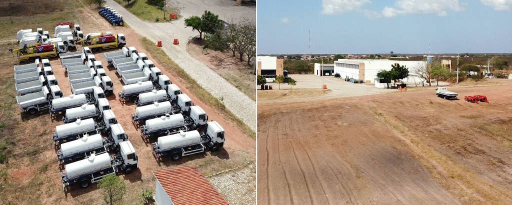 À esquerda, veículos e máquinas em terreno de campus de universidade em Mossoró (RN), que depois foram entregues à doação