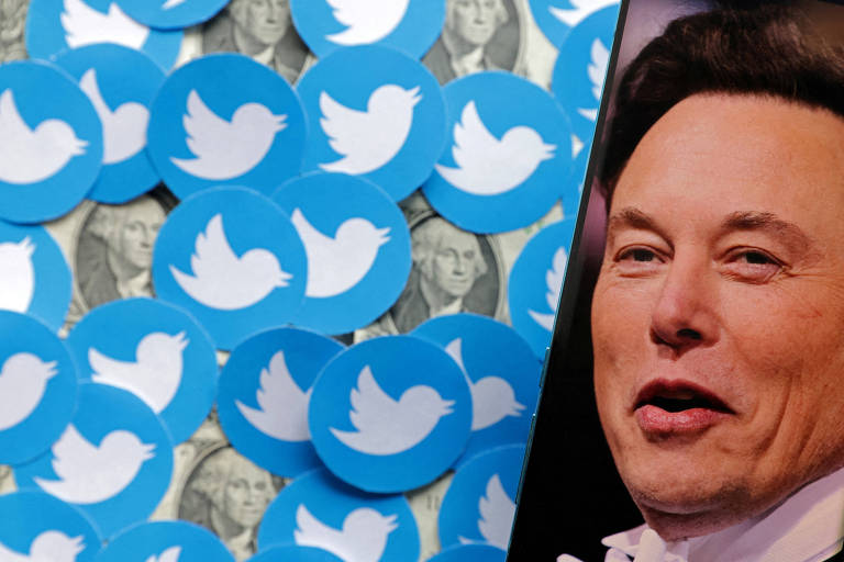 Logomarcas do Twitter e notas de dólar ao lado de imagem do empresário Elon Musk
