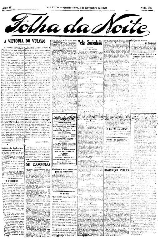 Primeira Página da Folha da Noite de 1º de novembro de 1922