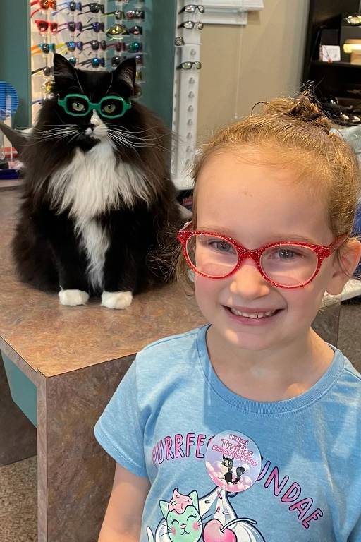 Gatinho usa óculos para incentivar crianças com problemas de visão