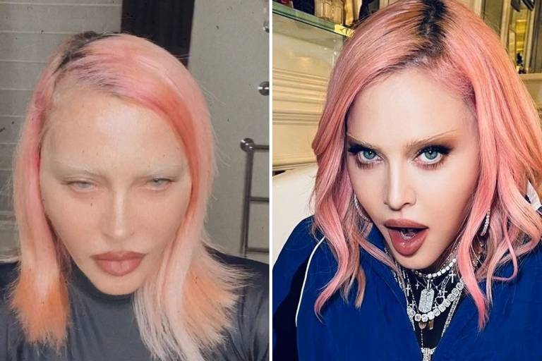 Montagem de duas fotos de mulher branca, com sobrancelhas descoloridas e cabelo rosa claro