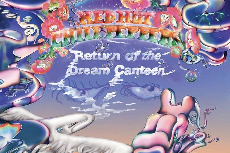 Uma ilustração colorida mostra a capa do álbum Return of the Dream Canteen da banda Red Hot Chili Peppers 