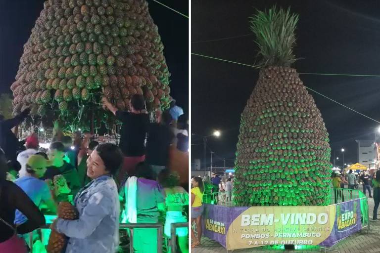 Duas fotos de uma escultura em forma de abacaxi feita de abacaxis