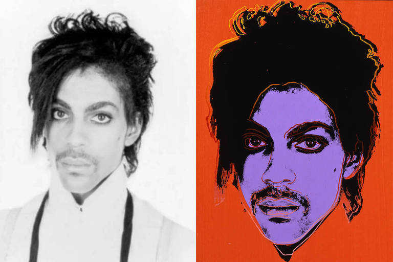 A foto de Prince tirada por Lynn Goldsmith e, ao lado, a obra de Andy Warhol