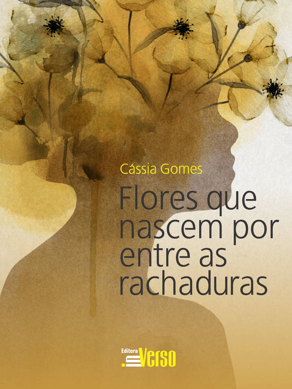 Capa do livro Flores que nascem por entre as rachaduras, de Cássia Gomes, editora Inverso. Numa tonalidade amarelada, que lembram as folhas secas do outono, o contorno de um rosto feminino de perfil. No lugar do cabelo, algumas fores amareladas formam um black power 