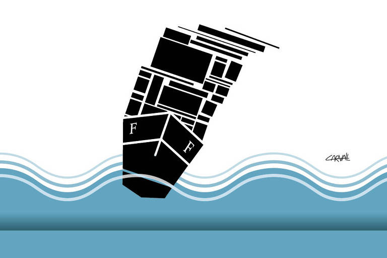 Ilustração de Carvall mostra, num mar de traços azuis, a silhueta de um navio carregado, tombando para a direita