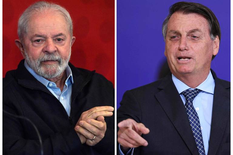 Lula é um homem branco, idoso, calvo, com cabelo e barba grisalhos, nariz um pouco achatado e orelhas grandes. Está à esquerda da imagem. O presidente Jair Bolsonaro é um homem branco, idoso, com cabelos pretos e algumas mechas grisalhas. Na foto, ele aparece à direita.
