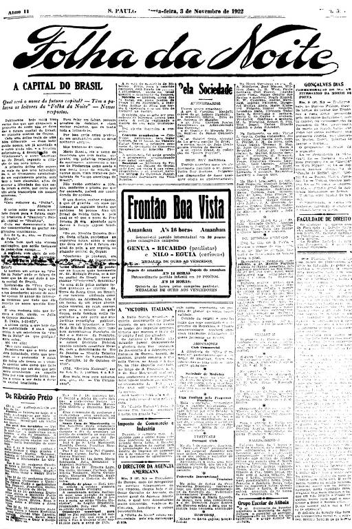 Primeira Página da Folha da Noite de 3 de novembro de 1922