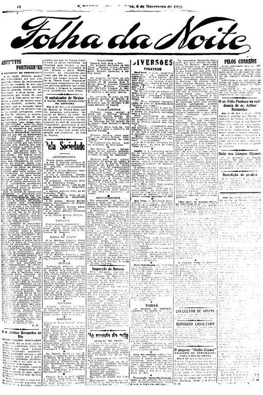 Primeira Página da Folha da Noite de 6 de novembro de 1922