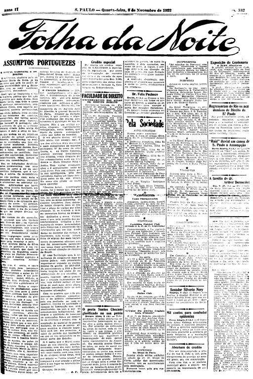 Primeira Página da Folha da Noite de 8 de novembro de 1922