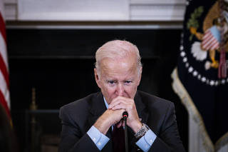 President Joe Biden listens to remarks from healthcare professionals during the second meeting of the Task Force on Reproductive Healthcare Access in the State Dining Room of the White House in Washington, on Oct. 4, 2022. (Pete Marovich/The New York Times)