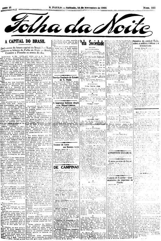 Primeira Página da Folha da Noite de 11 de novembro de 1922