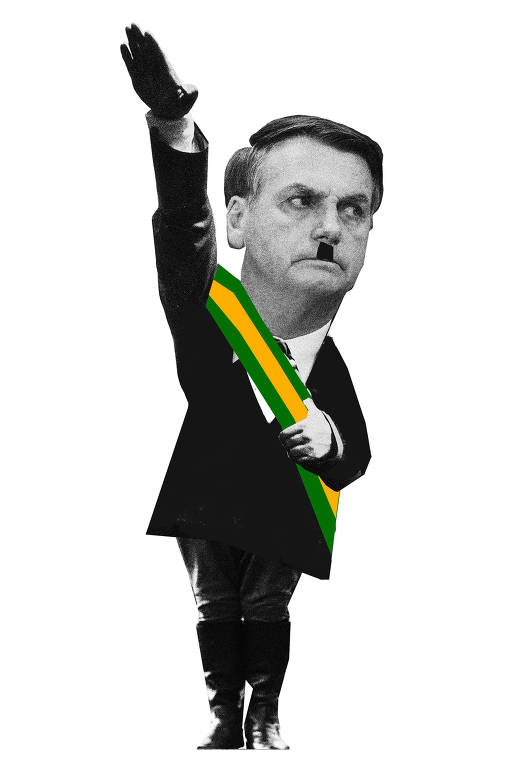 A ilustração mostra Bolsonaro com um bigode igual ao de Hitler e fazendo a saudação nazista.